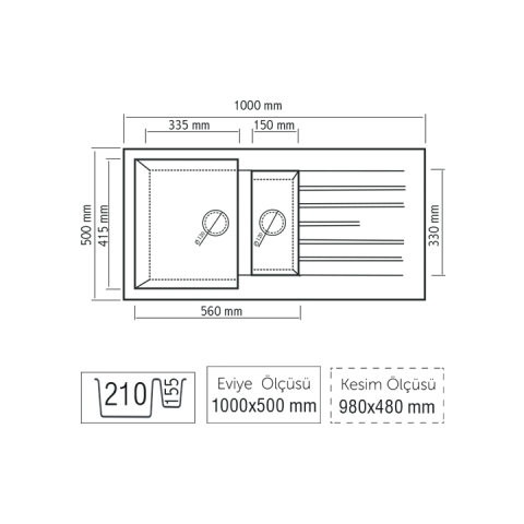 LX-1000 NİL Damlalıklı Granit Beyaz Eviye