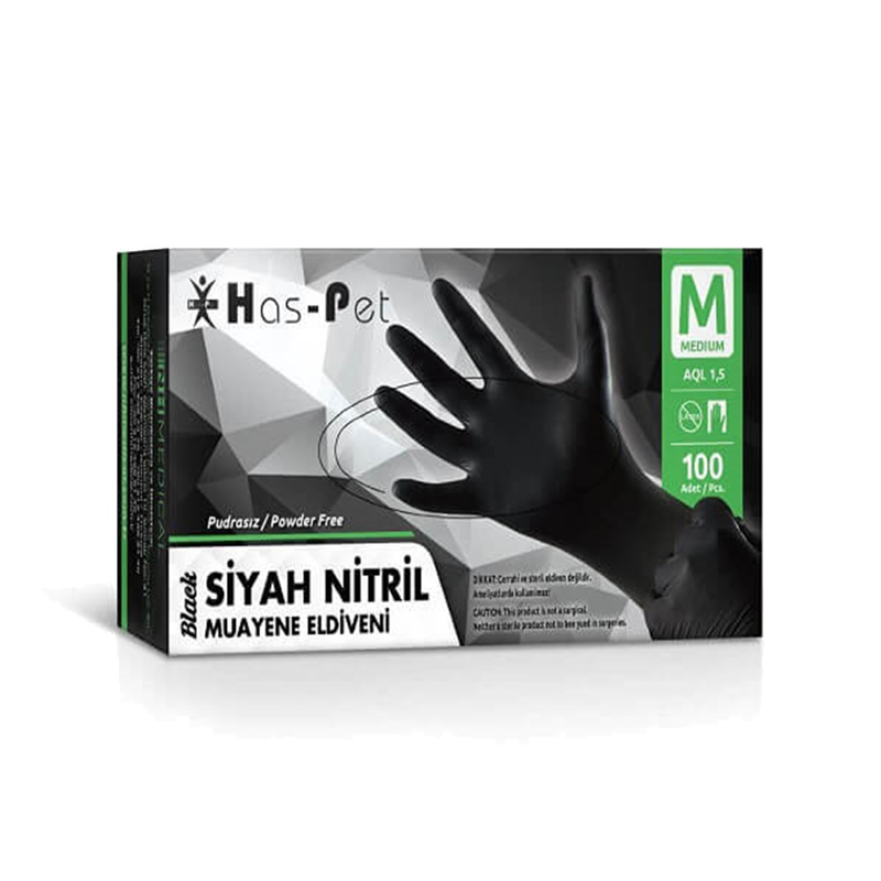 Haspet Siyah Nitril Muayene Eldiveni Medium 100'lü Paket