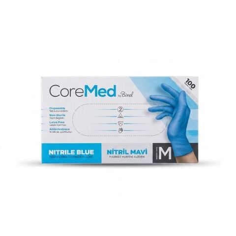 Coremed Mavi Nitril Muayene Eldiveni Medium 100'lü Paket