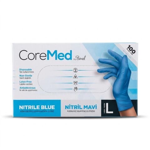 Coremed Mavi Nitril Muayene Eldiveni Large 100'lü Paket