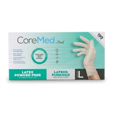 Coremed Pudrasız Lateks Eldiven Large 100'lü Paket